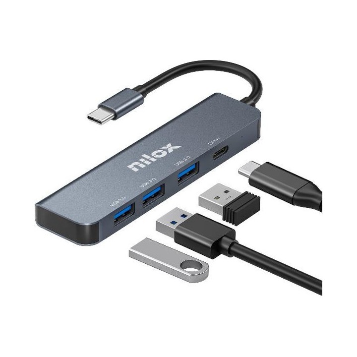Hub USB-C 4 porte Nilox NXHUBUSBC04: 3 USB-A 3.0 e 1 USB-C, fino a 5 Gbps