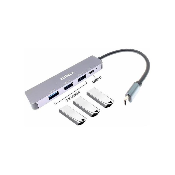 Hub USB-C 4 porte Nilox NXHUBUSBC04: 3 USB-A 3.0 e 1 USB-C, fino a 5 Gbps