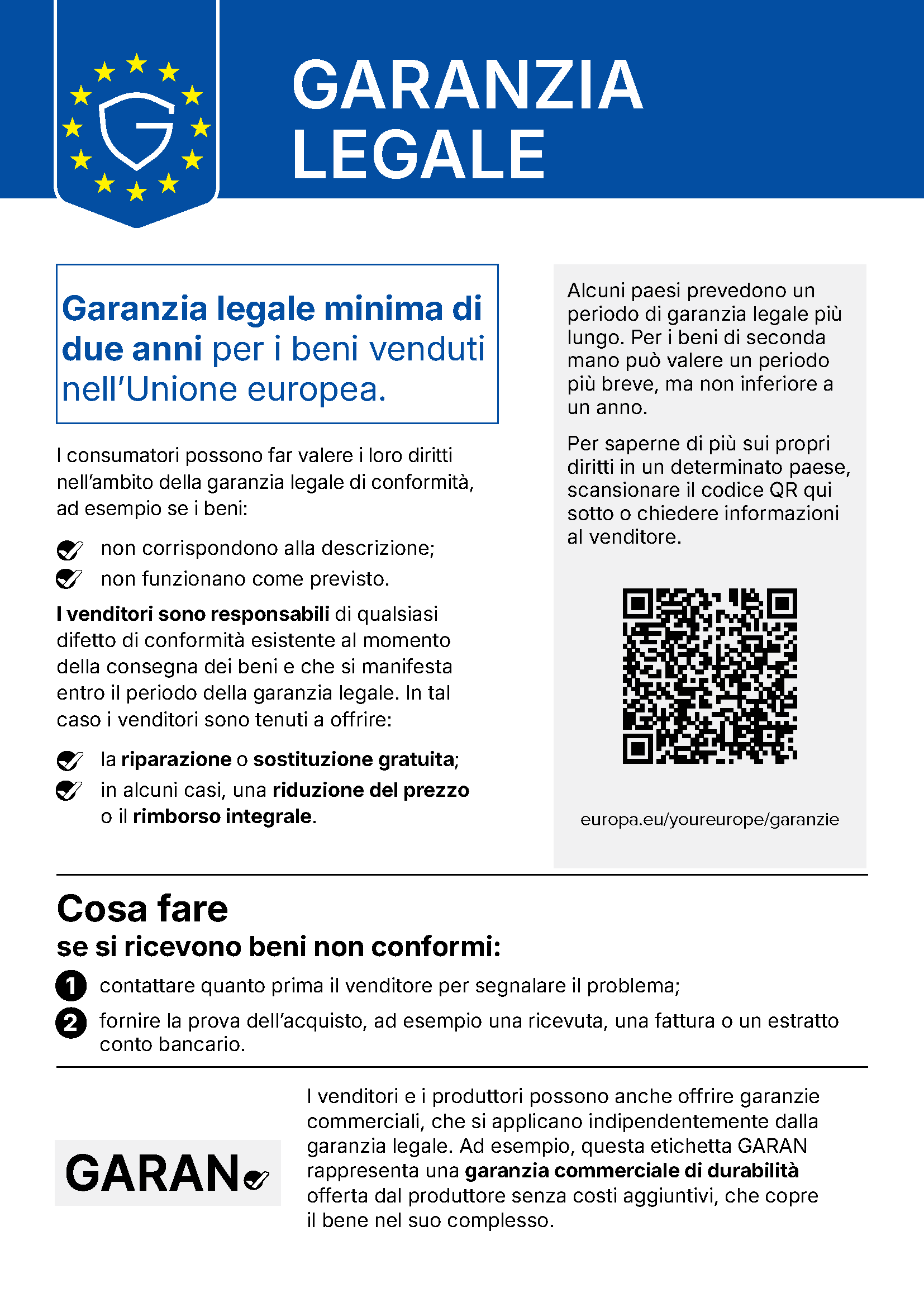 Avviso armonizzato dell'Unione europea sulla garanzia legale (il testo completo è riportato più sotto in questa pagina)